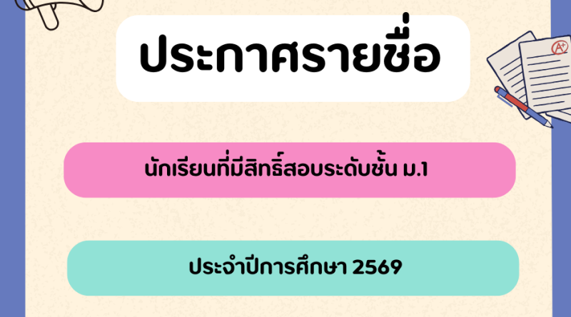 ประกาศรายชื่อนักเรียนที่มีสิทธิ์เข้าศึกษาต่อ ชั้นม.1 ปีการศึกษา 2569