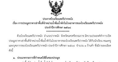 ประกาศ ประมูลราคาเช่าพื้นที่ จำหน่าย น้ำดื่มน้ำตัก ในโรงอาหาร